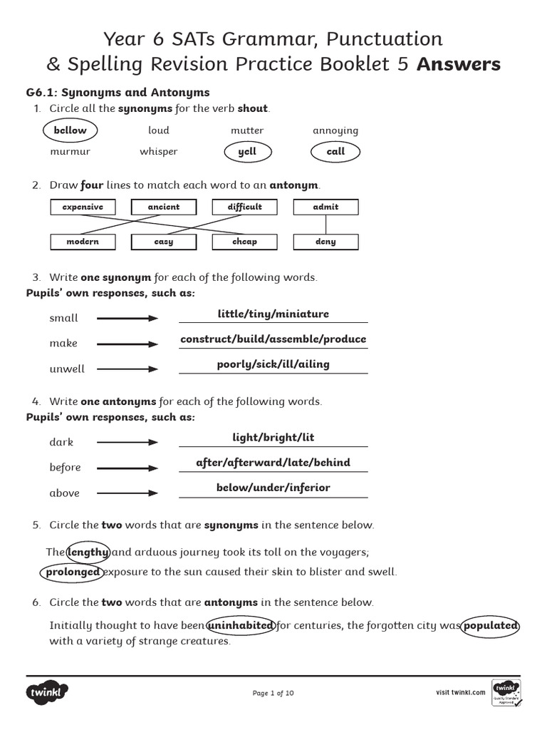 Year 6 SATs Grammar & Spelling Answers | PDF | Adjective | Language ...