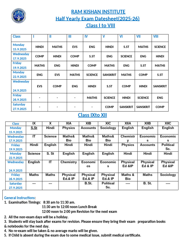 Half Yearly Exam Schedule 2025-26 | PDF | Chess Openings | Chess