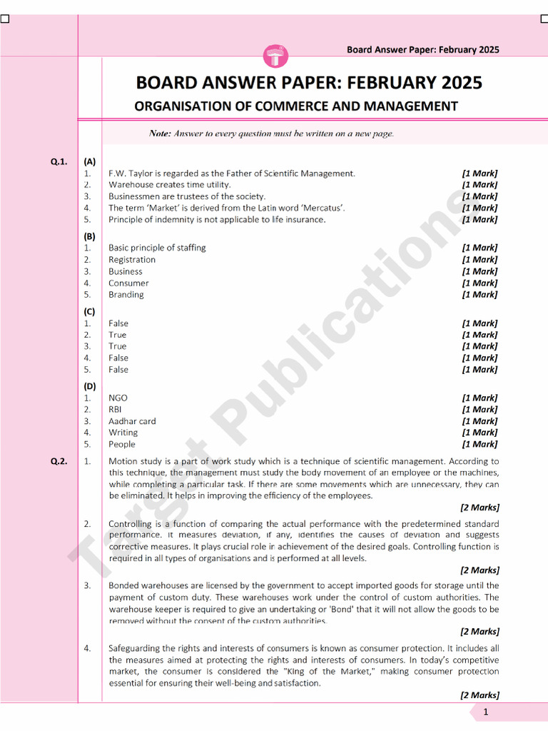 Std. 12th Commerce - Organisation of Commerce & Management - Answer of ...