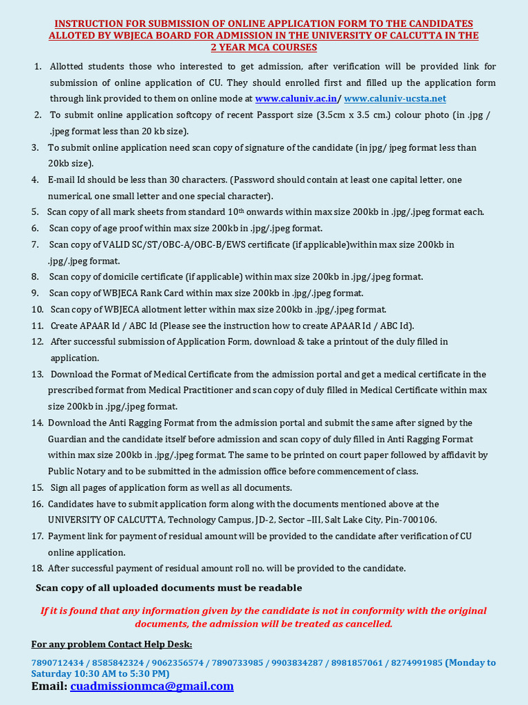 MCA Admission Application Guide for CU | PDF