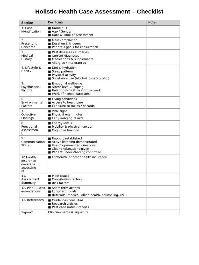 Holistic Health Assessment Checklist | PDF