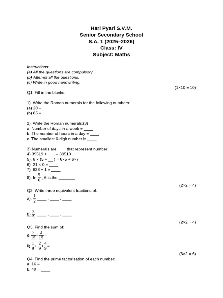 Class IV Maths SA 1 Worksheet 2025-26 | PDF | Elementary Mathematics ...