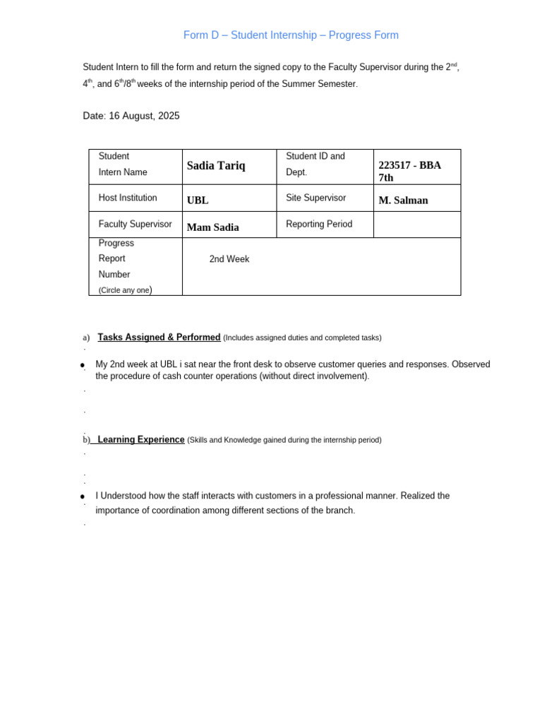 Student Internship Progress Report Form | PDF