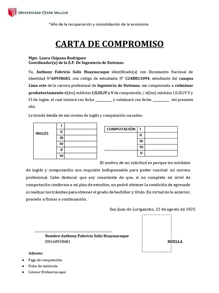 Compromiso de Estudios de Anthony Solis | PDF