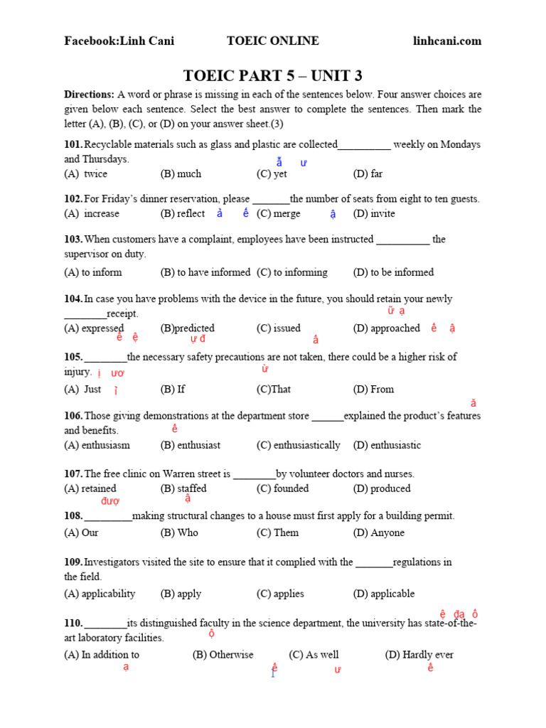 TOEIC Part 5 Practice Questions | PDF