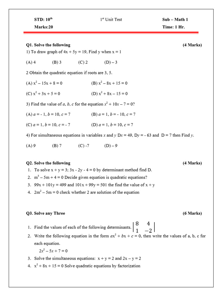10th Grade Math Unit Test Questions | PDF