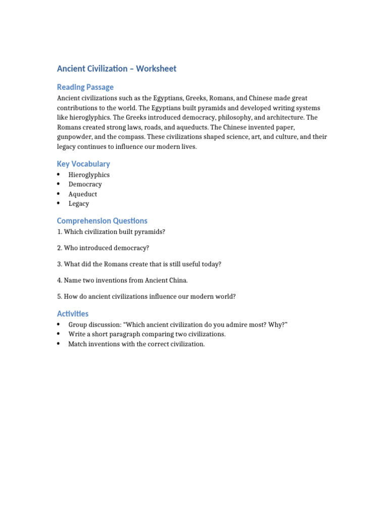 Ancient Civilization Worksheet | PDF