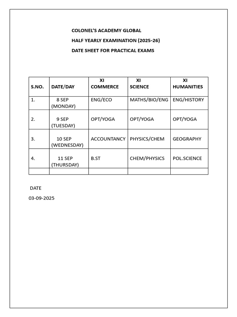Date Sheet Half Yearly Exams 2025-26 | PDF