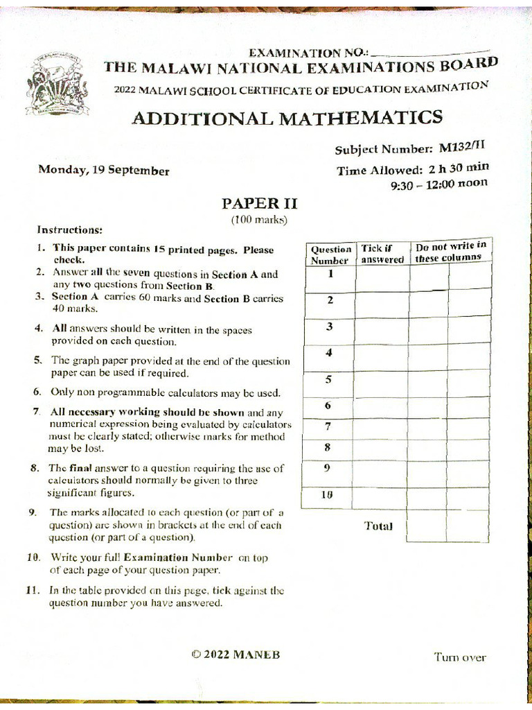 Additional Mathematics 2022 Maneb | PDF