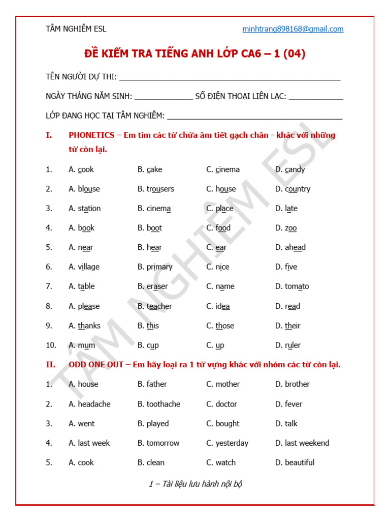 English Test Document for Class CA6-1 | PDF | Grandparent
