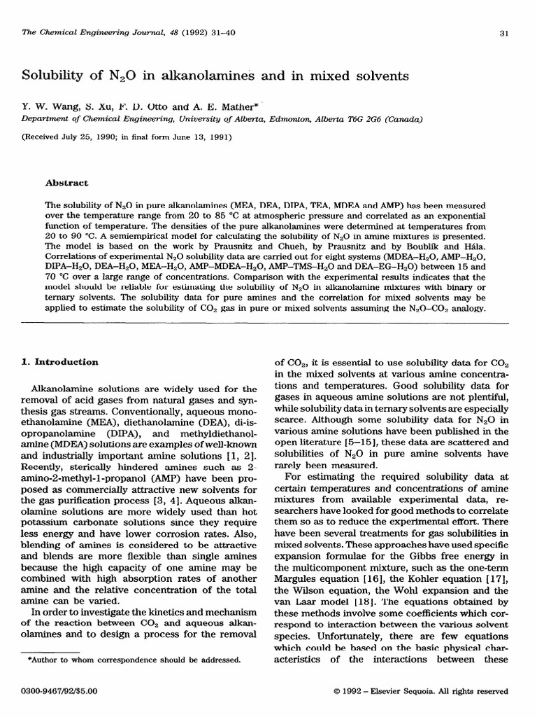 N2O Solubility in Alkanolamines Study | PDF | Solubility | Gases