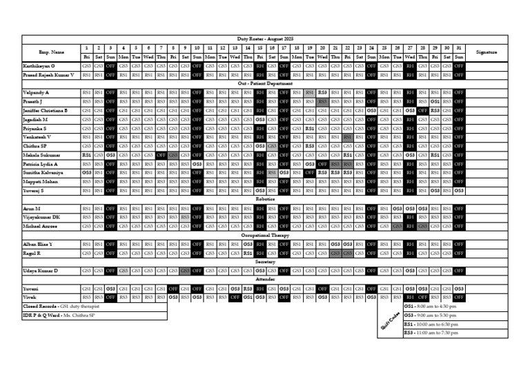 Occupational Therapy Duty Roster August 2025 | PDF