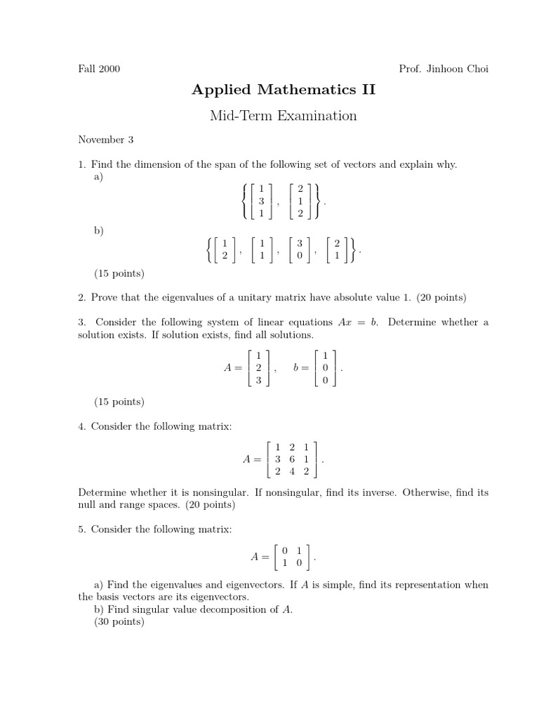 Applied Mathematics II Mid-Term Exam | PDF | Eigenvalues And ...