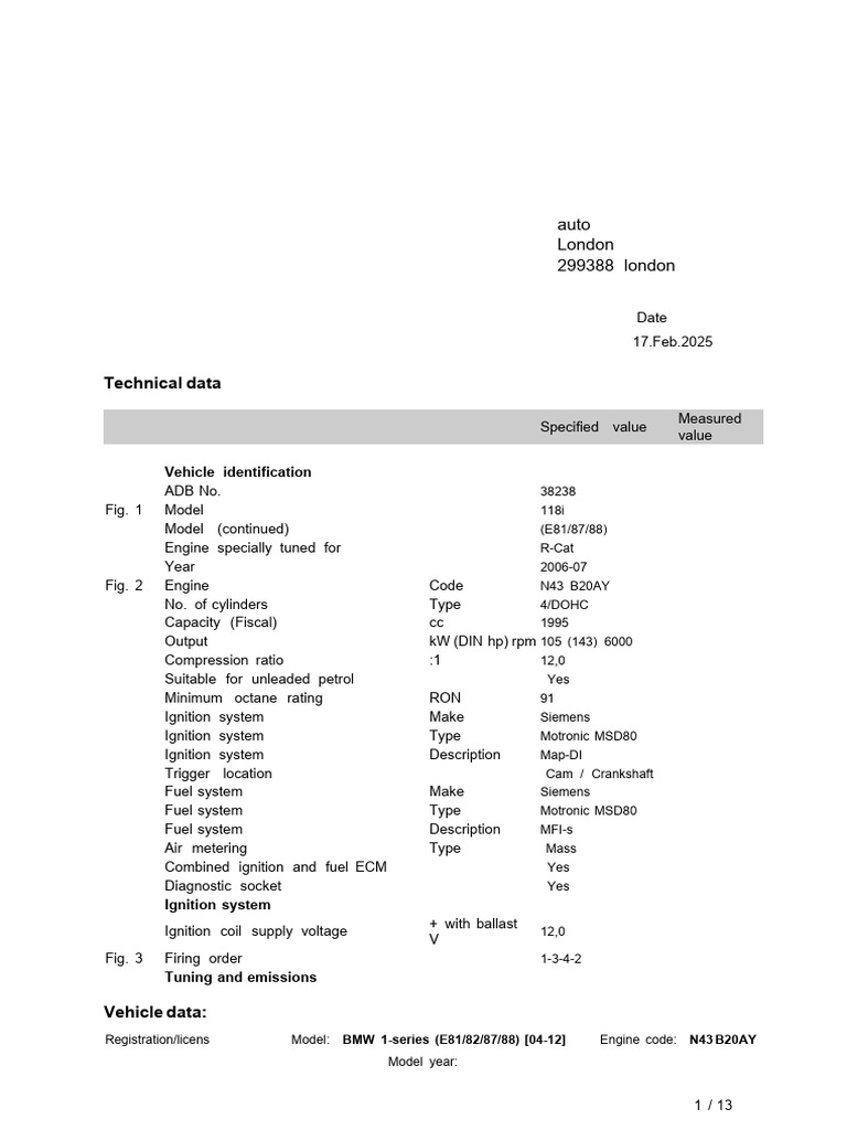 BMW 1-Series N43 Engine Specifications | PDF | Brake | Motor Oil