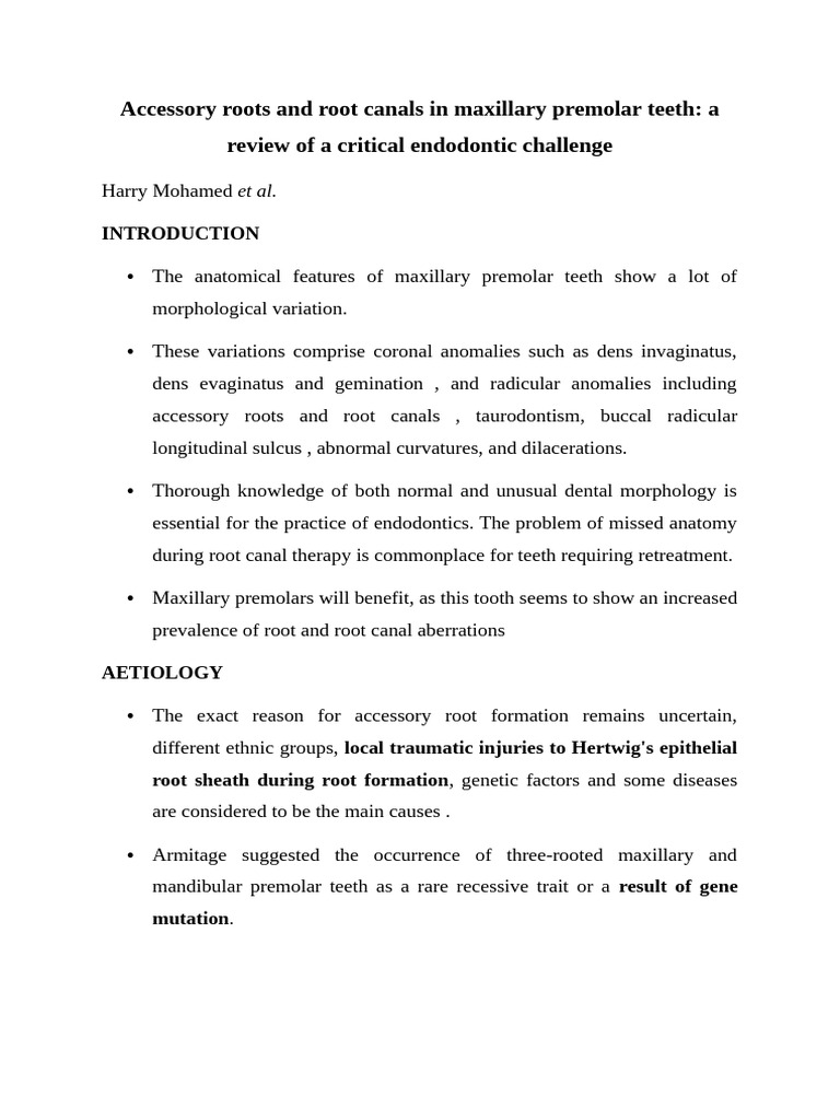 Accessory Roots and Root Canals in Maxillary Premolar Teeth | PDF ...