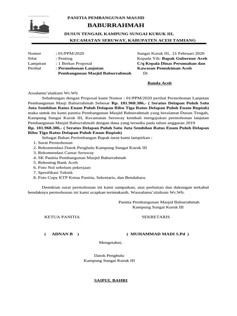 Permohonan Dana Pembangunan Masjid | PDF