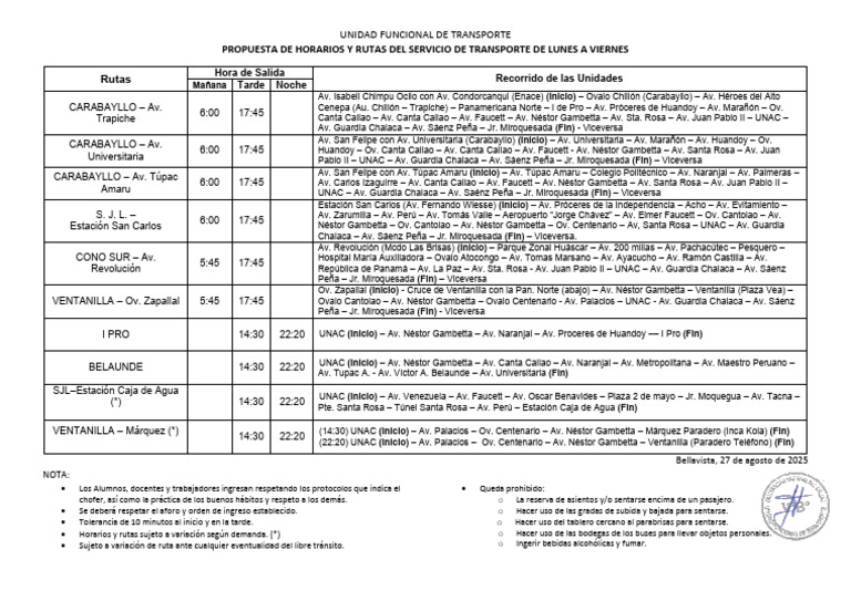 Horarios y Rutas de Transporte Escolar | PDF