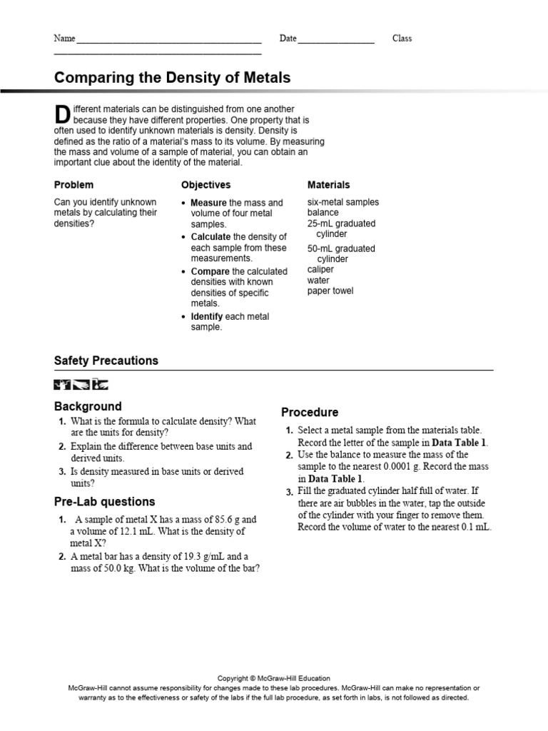 Metal Density Comparison Lab Guide | PDF | Density | Volume