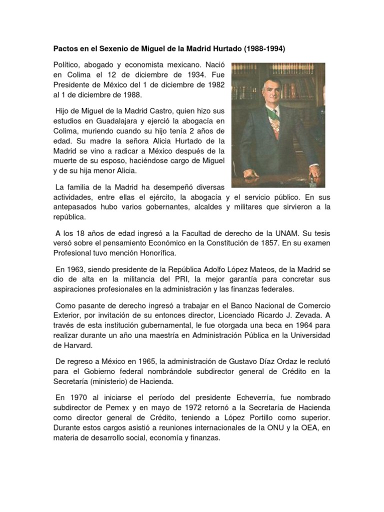 Pactos en El Sexenio de Miguel de La Madrid Hurtado Gobierno Política