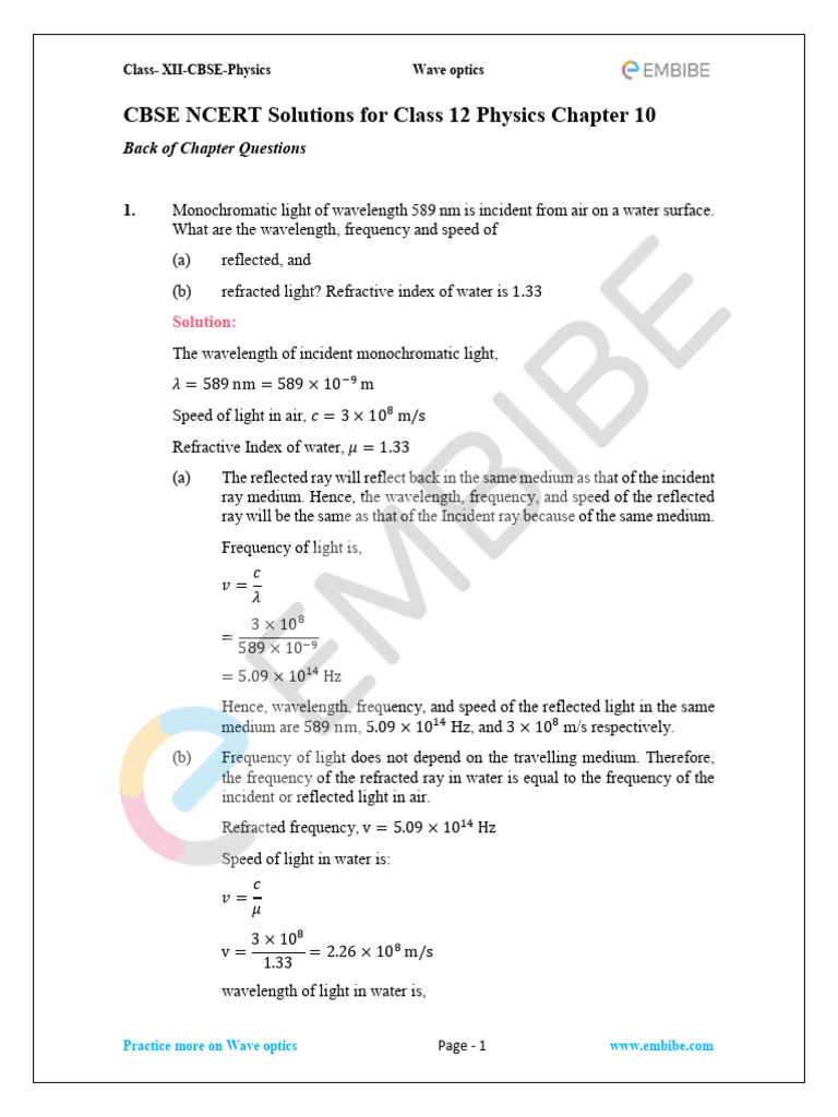 Wave Optics for Class 12 Physics | PDF | Diffraction | Wavelength