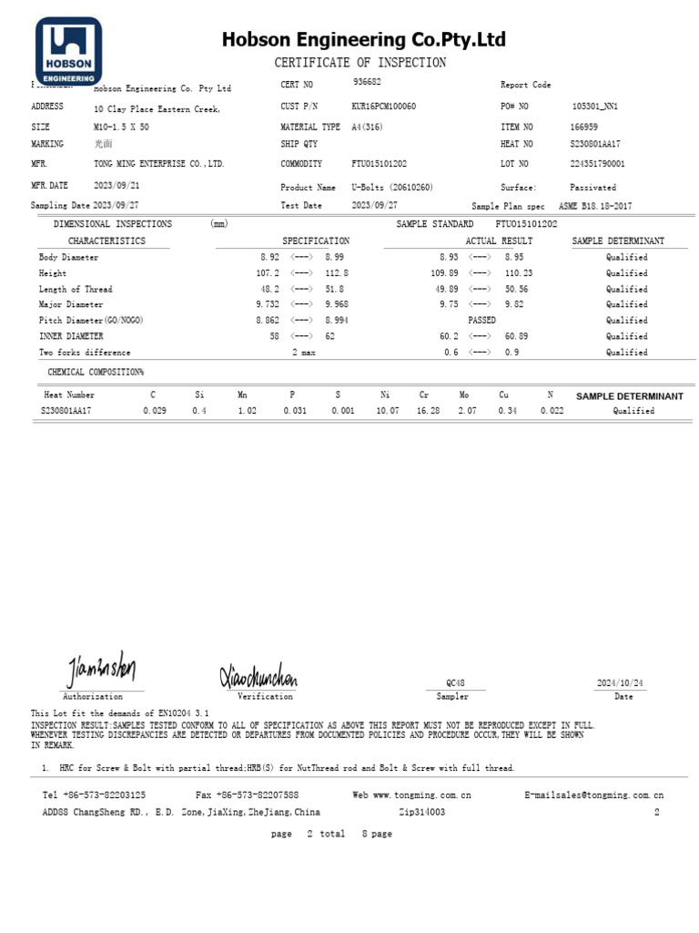 U-Bolts Inspection Certificate A4(316) | PDF | Screw | Metalworking