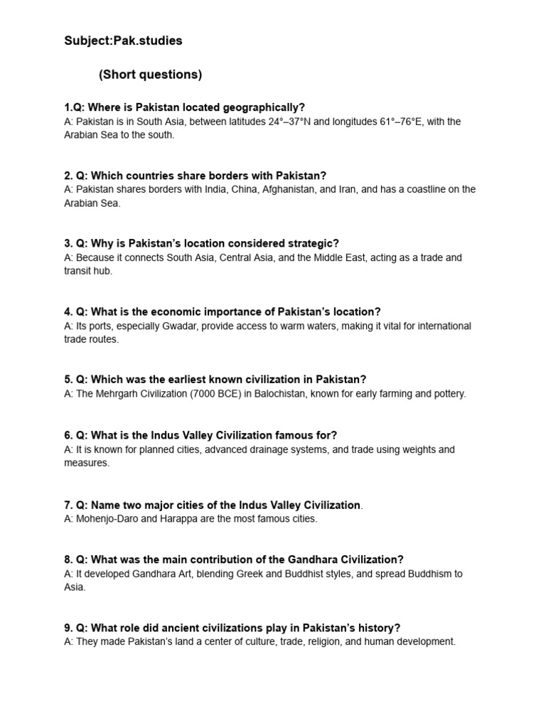 Key Short Questions on Pakistan Studies | PDF | Pakistan | Pakistan ...