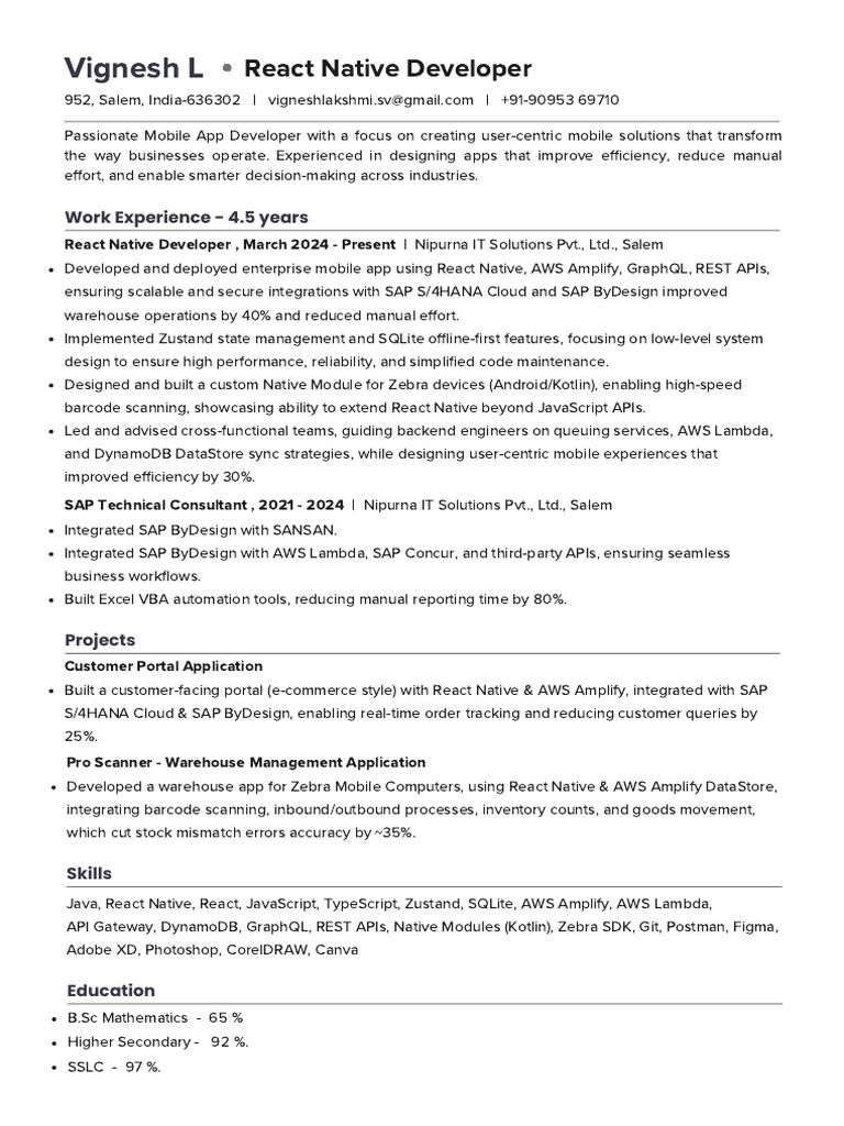 React Native Developer Profile & Skills | PDF