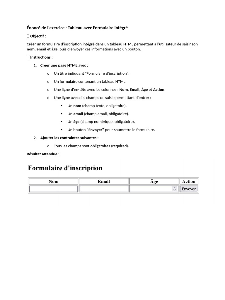 Formulaire d'inscription en tableau HTML | PDF