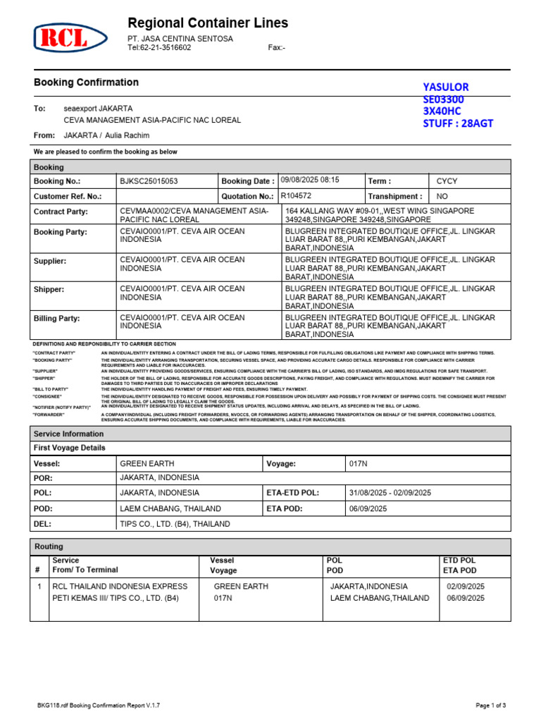 RCL Booking Confirmation Report | PDF | Bill Of Lading | Cargo