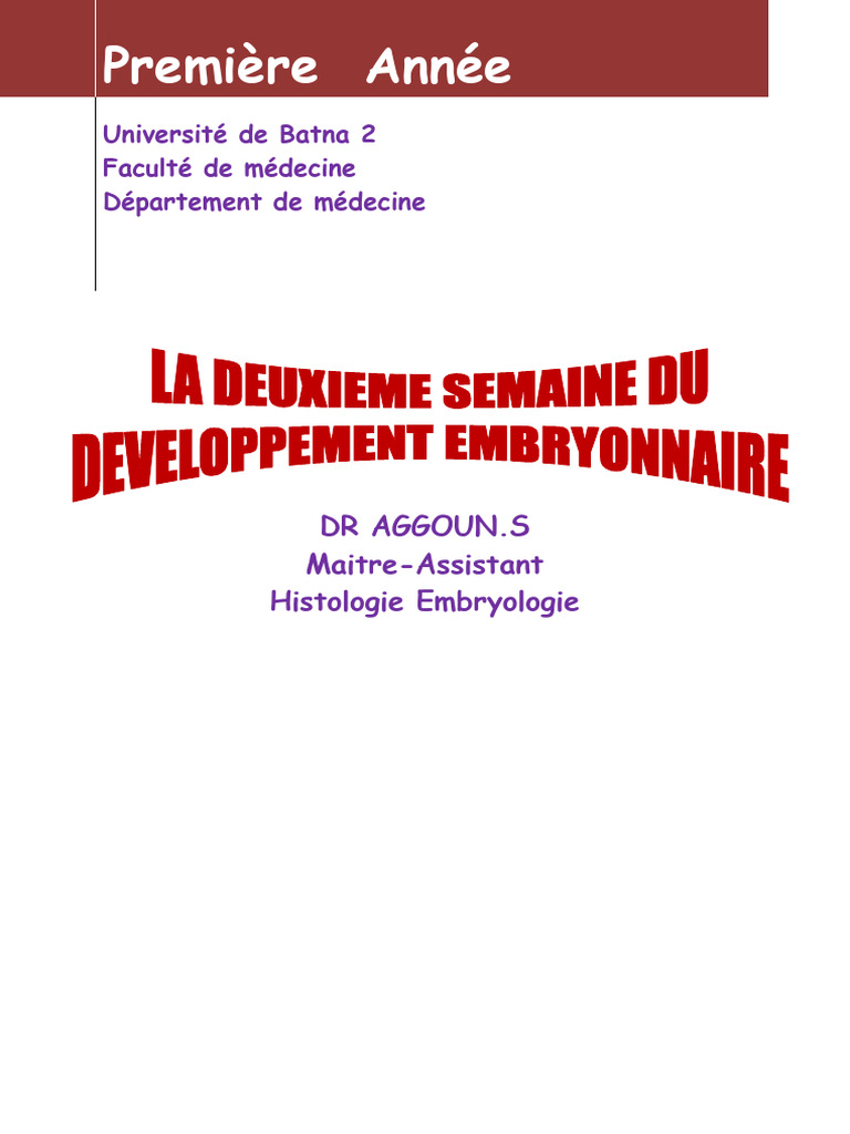 Développement embryonnaire 2e semaine PDF Morphologie (Biologie — free download