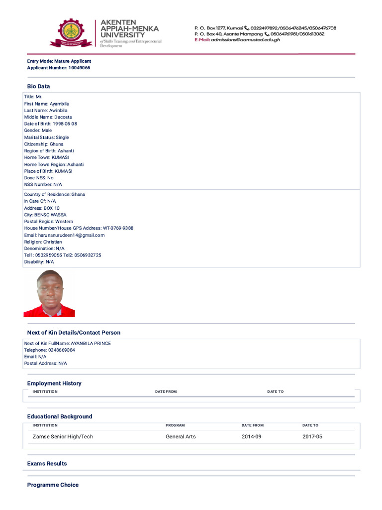 Bio Data: Entry Mode: Mature Applicant Applicant Number: 10049065 | PDF