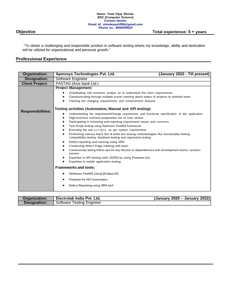 Software Testing Engineer Resume | PDF | Software Testing | Selenium ...