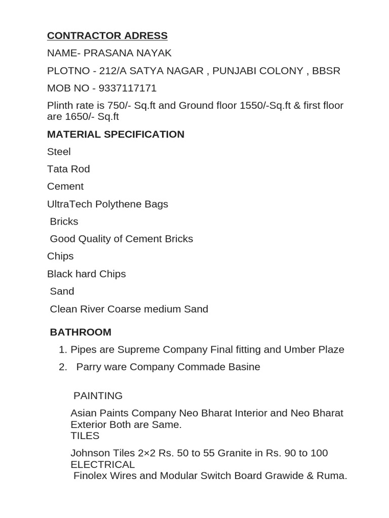 Contractor Specifications and Rates BBSR | PDF