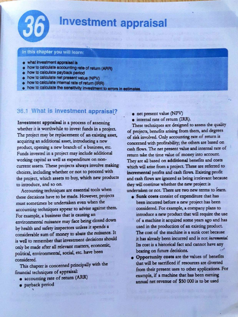 Chapter 36 - Investment Appraisal, As and A Level Accounting Textbook ...