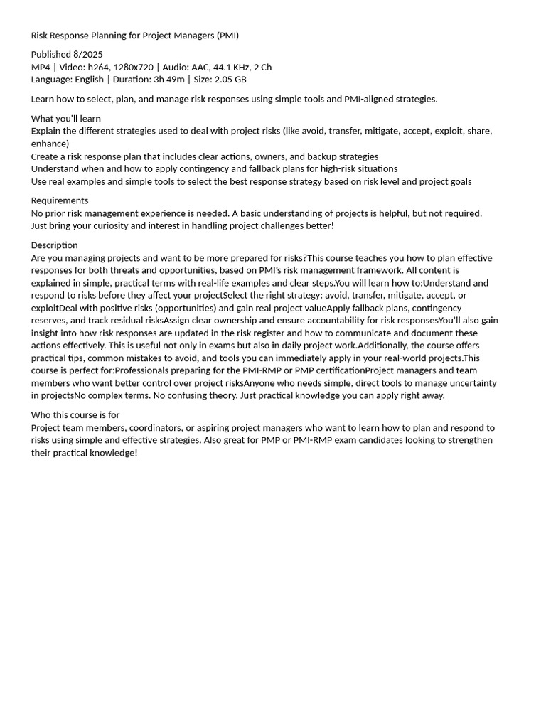 PMI Risk Response Planning Essentials | PDF | Risk | Risk Management