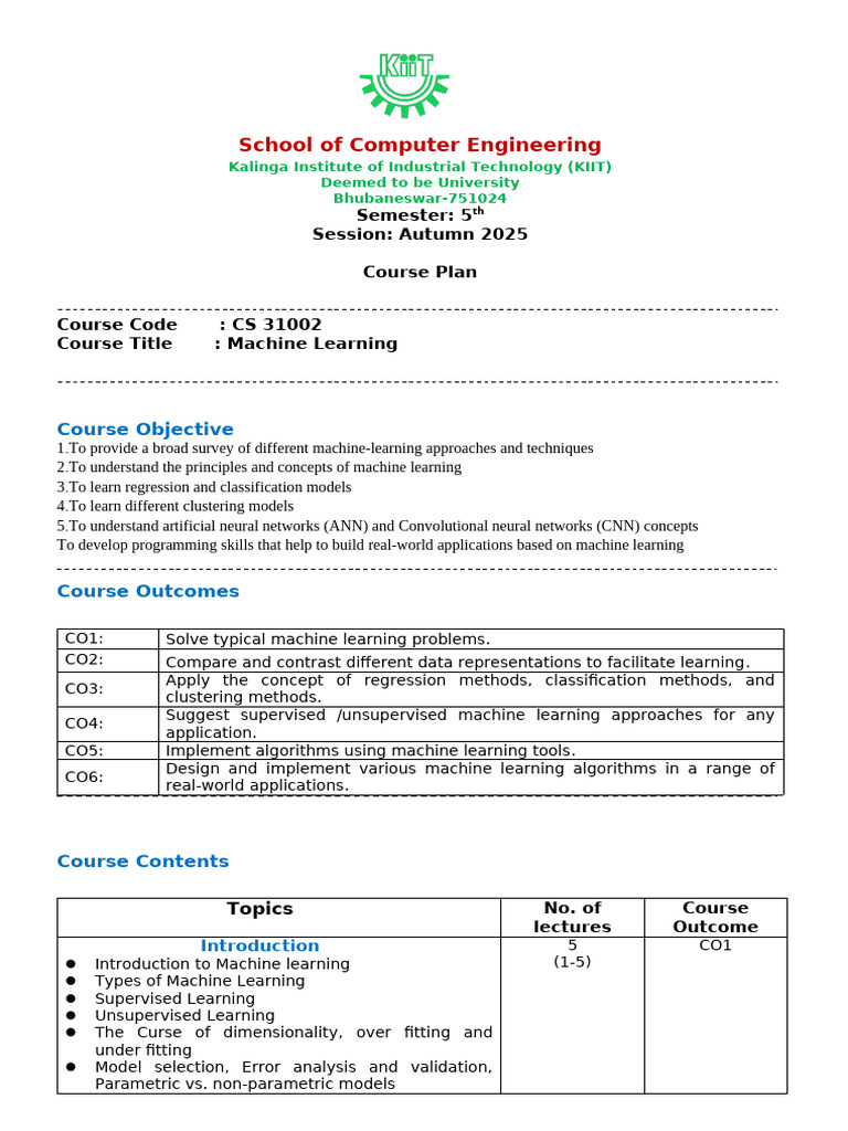 Machine Learning Course Plan for CS 31002 | PDF | Machine Learning ...