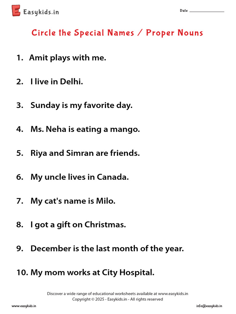 Circle Special Names Worksheet Class 1 | PDF