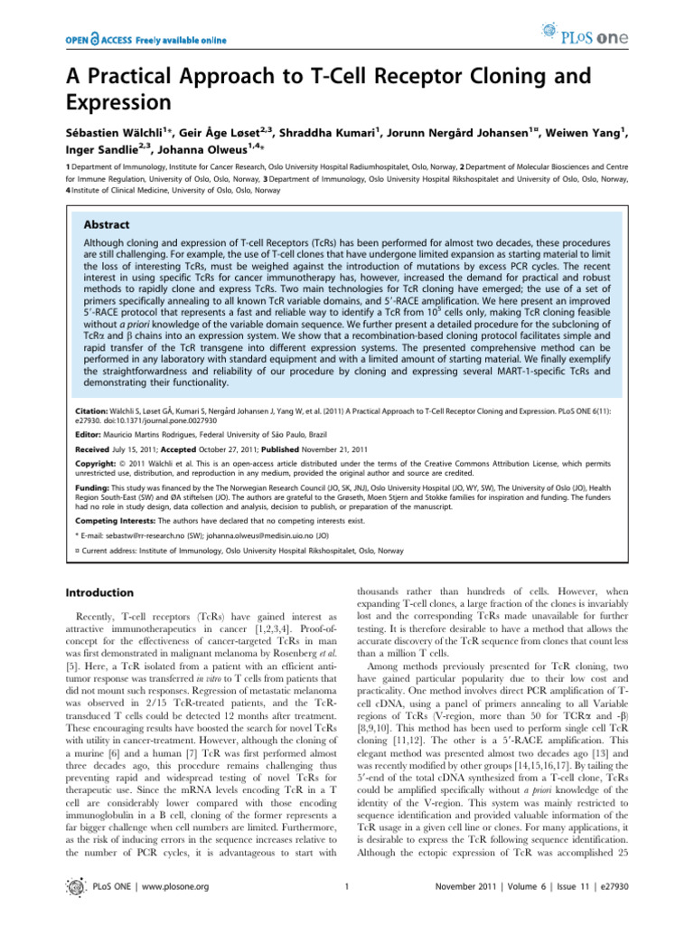 A Practical Approach To T-Cell Receptor Cloning and Expression ...