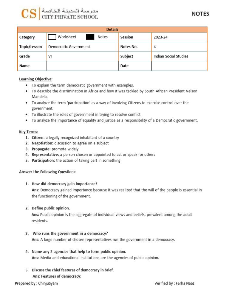 Notes-Democratic Government 2023 - 24 | PDF | Democracy | Political ...