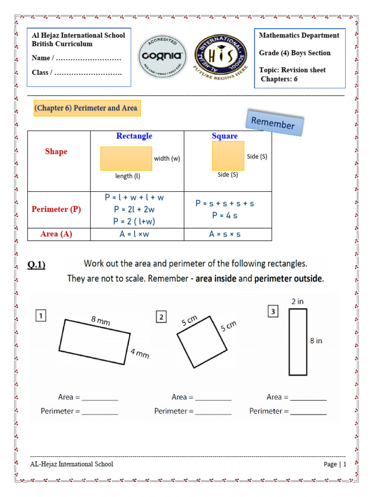 Grade 4 Math: Perimeter & Area Revision | PDF | Area | Numbers