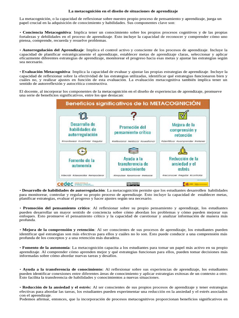 Metacognición en el Aprendizaje Efectivo | PDF | Metacognición ...