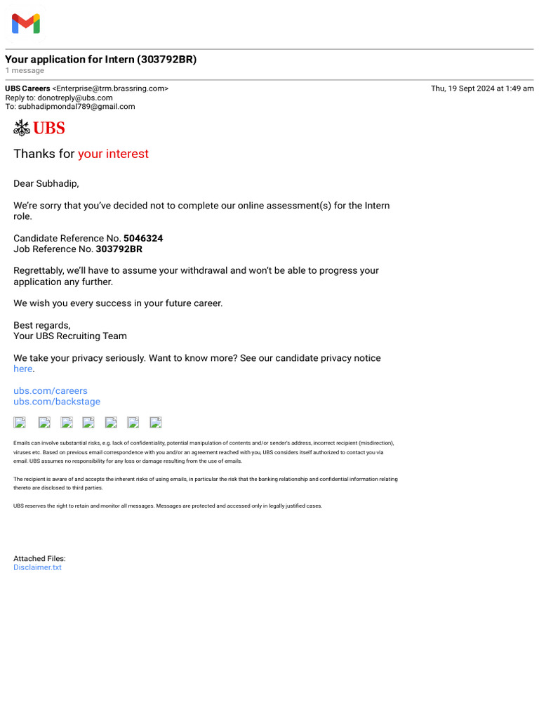 Gmail - Your Application For Intern (303792BR) | PDF