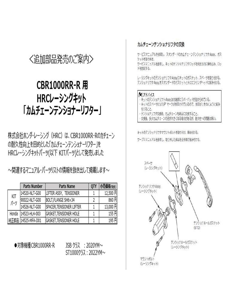 追加部品案内＞ CBR1000RR-R 用 カムチェーンテンショナーリフタ | PDF