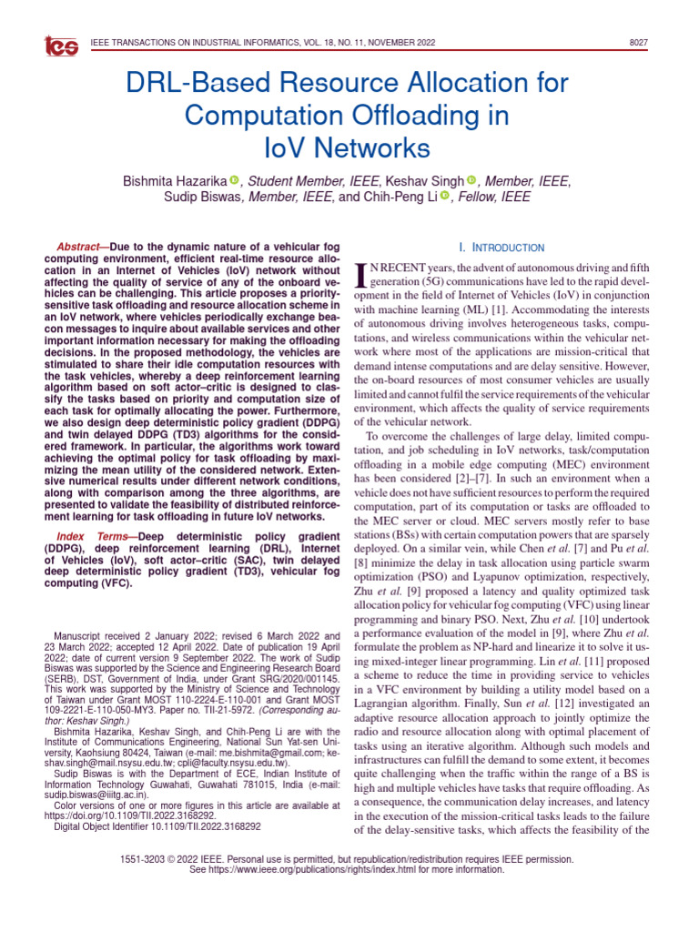 DRL for Resource Allocation in IoV Networks | PDF | Computing