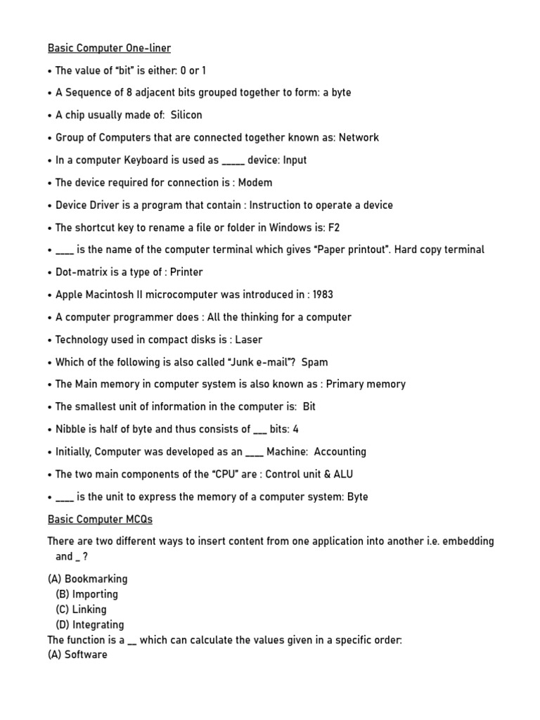 Basic Computer One-Liner Multiple Choice MCQS | PDF | Microsoft Word ...