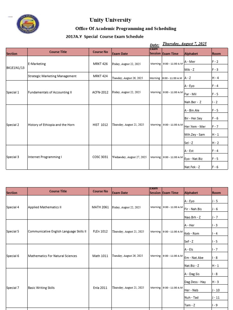 Unity University Exam Schedule 2025 | PDF