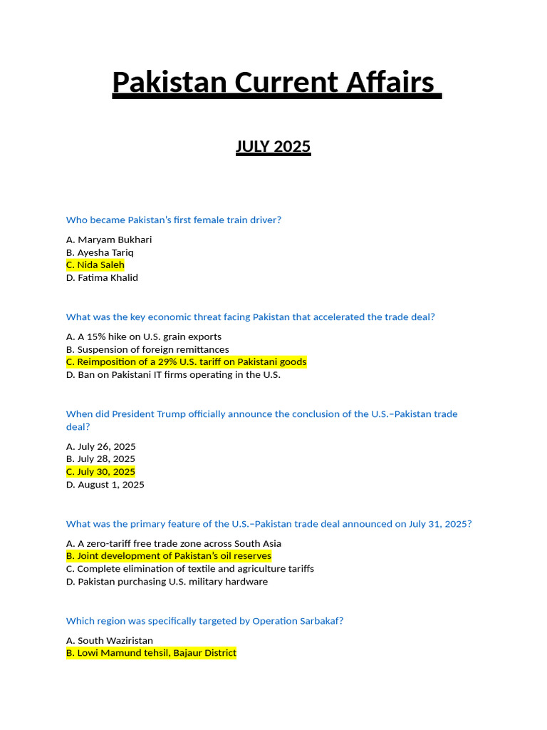 Pakistan Current Affairs - July 2025 | PDF | Pakistan | Karachi