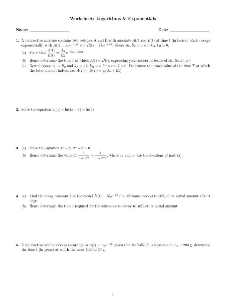 Logarithm and Exponential Worksheet | PDF