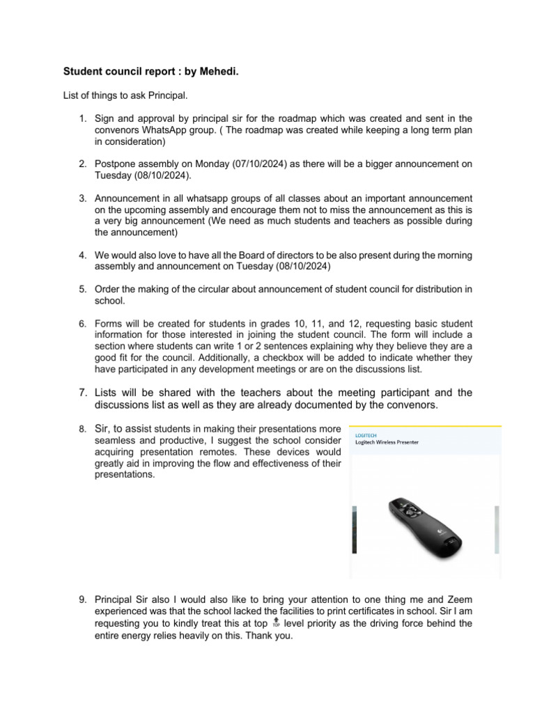 Student Council Report and Requests | PDF