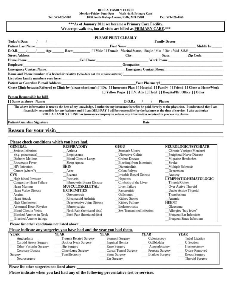 Rolla Family Clinic Patient Form | PDF | Heart | Cancer